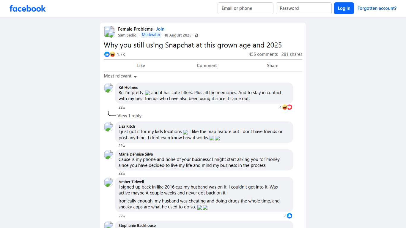Female Problems Why you still using Snapchat at this grown age and 2025 Facebook